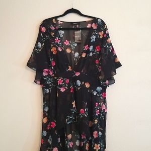 Forever21 plus hi-low sheer floral kimono 2x blk
